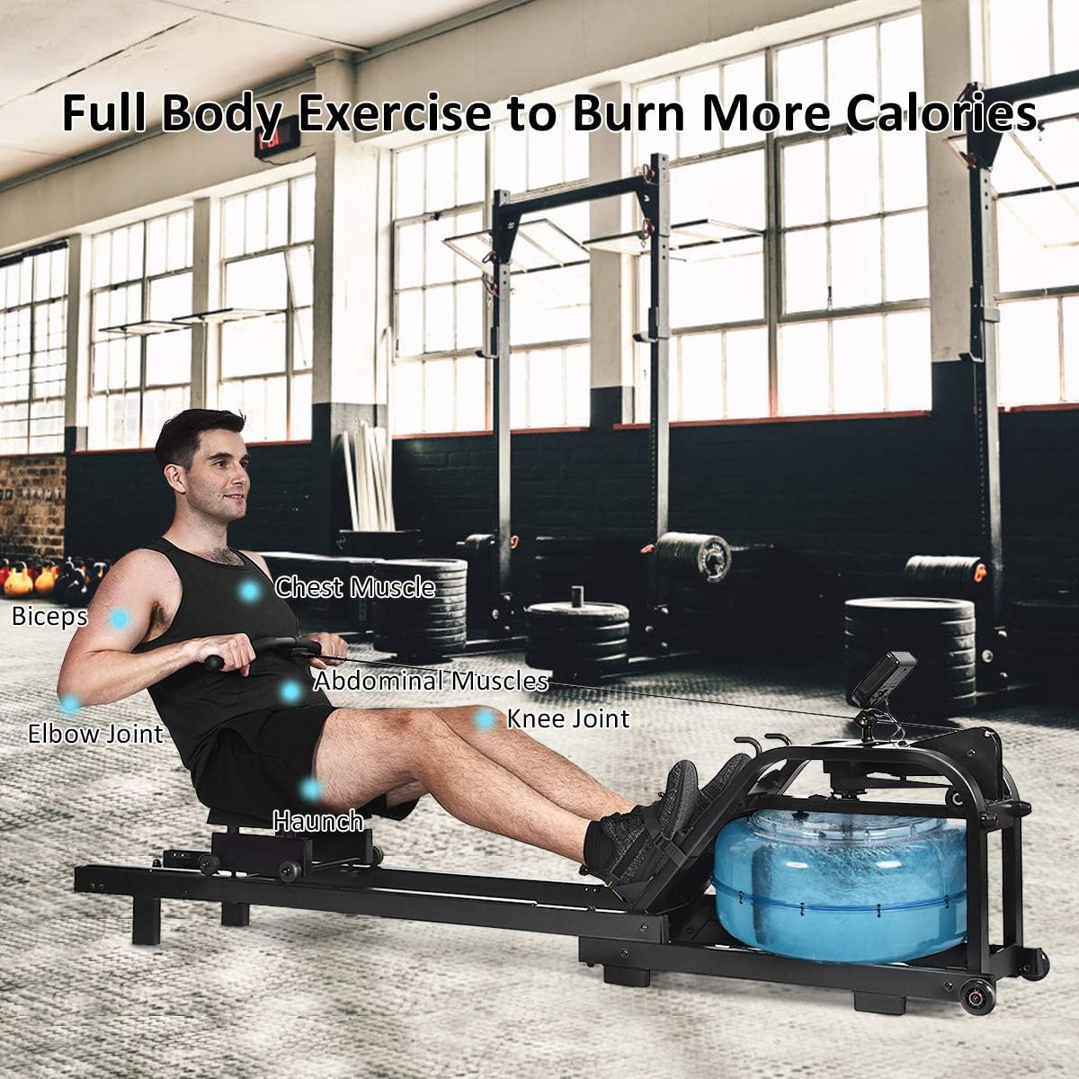 GYMAX Water Rowing Machine, Water Rower with Adjustable Resistance & LCD Display, Easy-Transportation Rower for Whole Body Exercise Cardio Training - Image 7