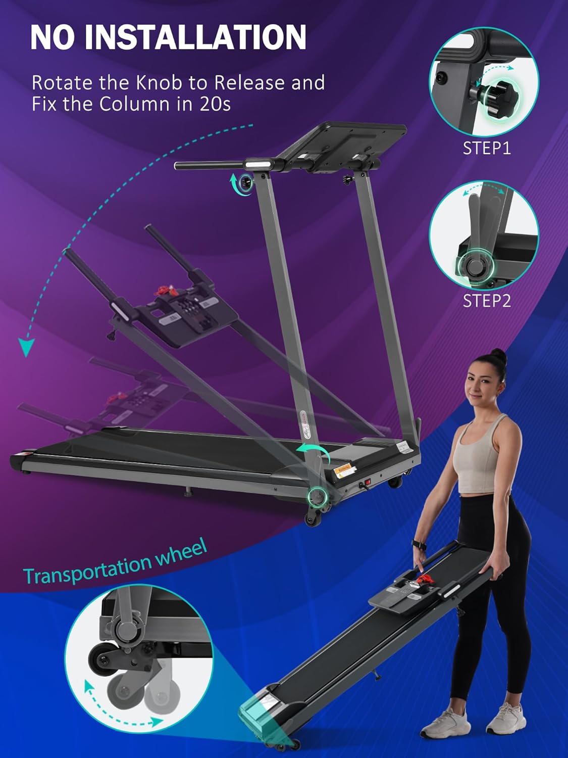 Merax Walking Pad with Handle Bar, 3.0HP Foldable Treadmills for Home Small, 7.5MPH Treadmill with 15% Incline, 300 LBS Capacity Walking Pad Treadmills Machine with Bluetooth and Heart Rate Sensors - Image 8