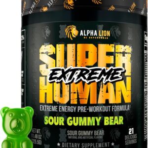 ALPHA LION Superhuman Extreme High Stim Pre Workout Powder, Beta Alanine, L-Taurine & 356mg Tri-Source Caffeine for Sustained Energy, Nitric Oxide & Citrulline for Pump (21 Servings, Sour Gummy Bear)