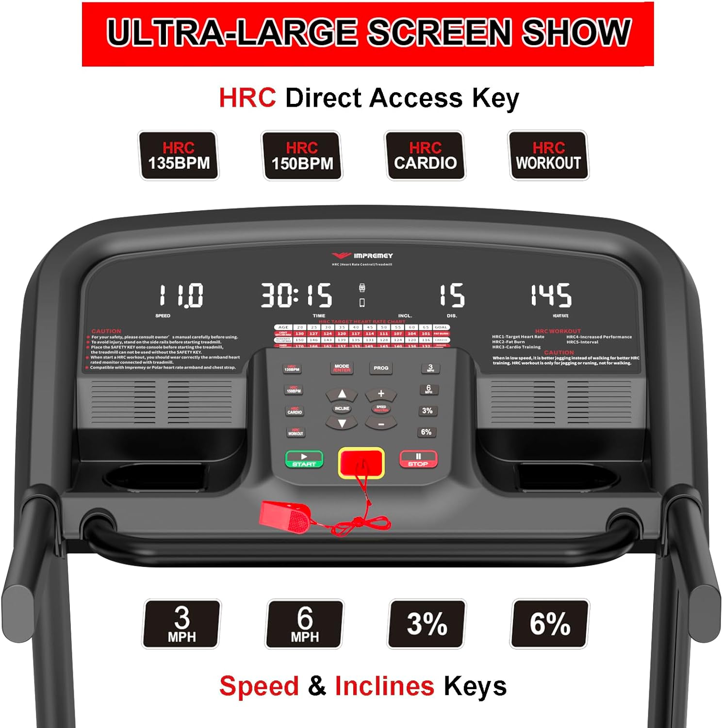 Impremey Folding Treadmill with Auto Incline 15%, 3.5HP, 350 Lb Capacity, 11 MPH, 50" x 19" Ultra Large Running Area, Heart Rate Monitor Armband, HRC Training for Home Walking and Running - Image 3