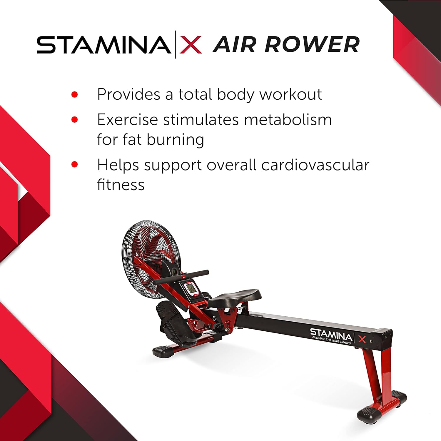 Stamina X Air Rower - Rower Machine with Smart Workout App - Rowing Machine with Air Resistance for Home Gym Fitness - Up to 250 lbs Weight Capacity - Black/Red - Image 3