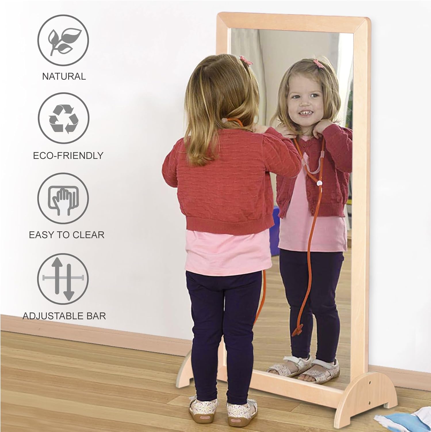 3-Position Montessori Wood Frame Non-Shatter Safety Pull Up Bar Baby Big Mirror Set, Infant Coordination Mirror, Kids Classroom Furniture for Daycare, Homeschool or Preschool - Image 8