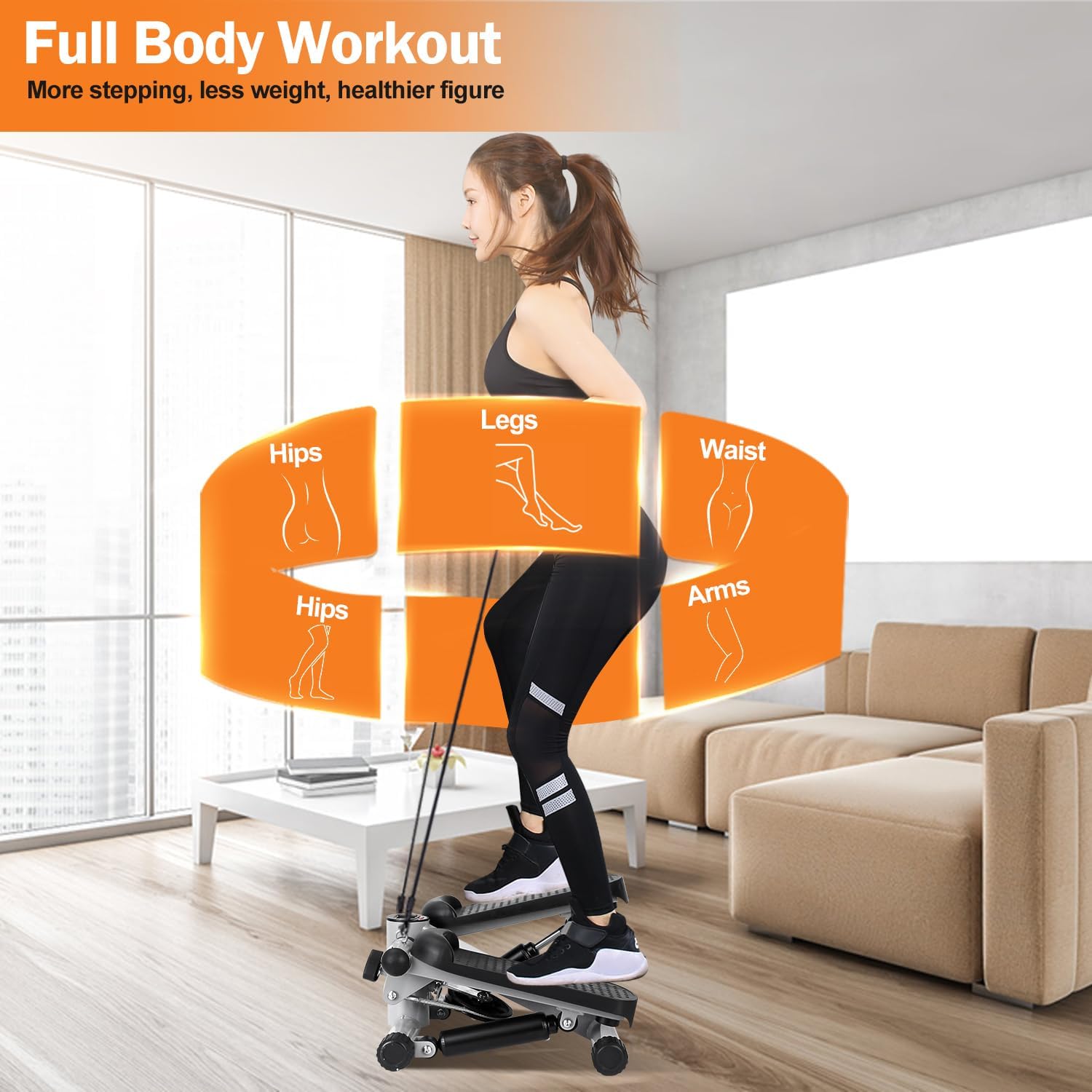 Stepper for Exercise at Home, Stair Stepper with 2 Resistance Bands, Mini Stepper with 300LBS Loading Capacity & LCD Monitor, Super Quiet Hydraulic Fitness Steppers Full Body Workout Machine - Image 2