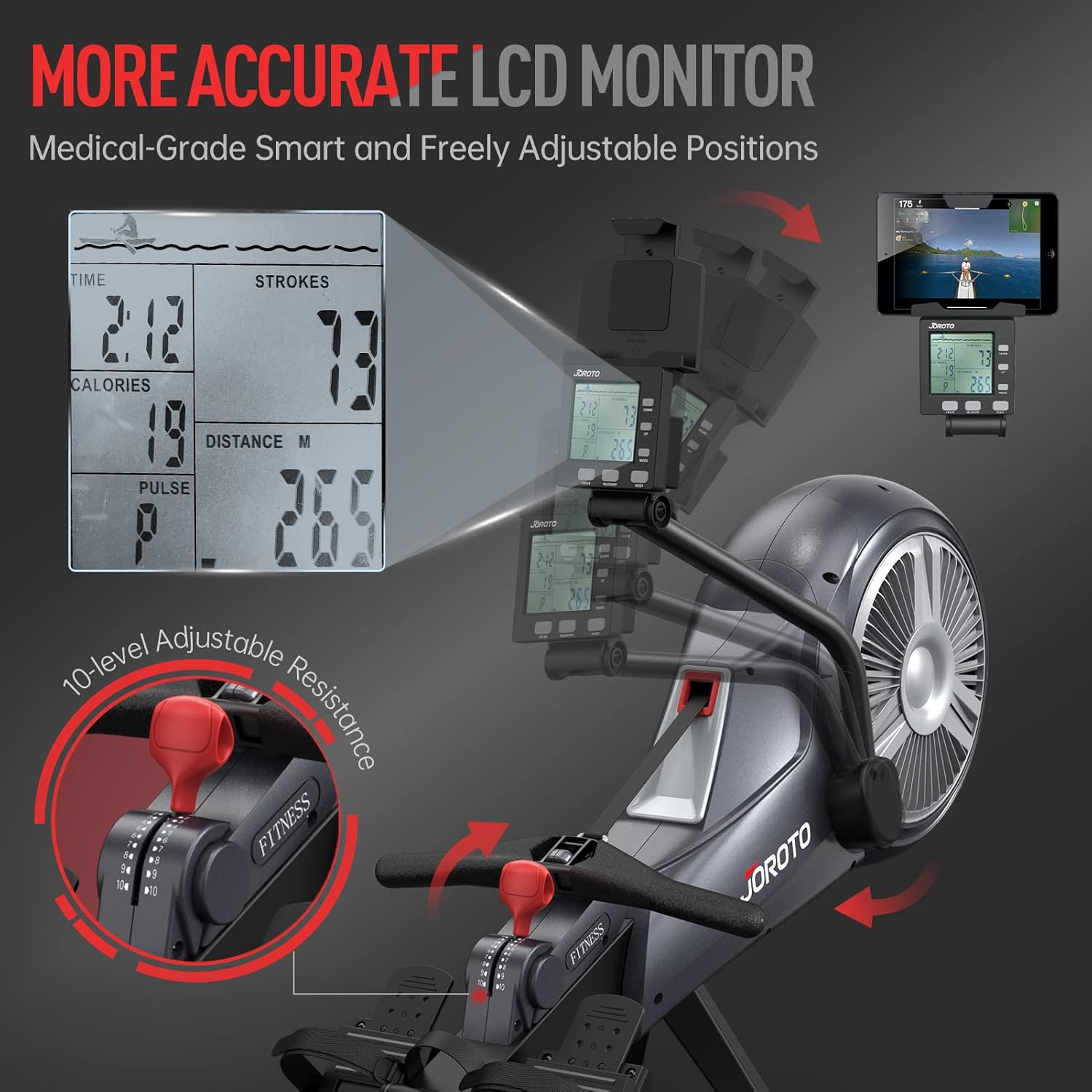 JOROTO Rowing Machine for Home Foldable, Air Magnetic Rowing Machines with 10-Level Adjustable Resistance, Quiet Ergonomic Seat,Bluetooth App, Max 350LBS, Space-Saving Home Gym, Gray - Image 4