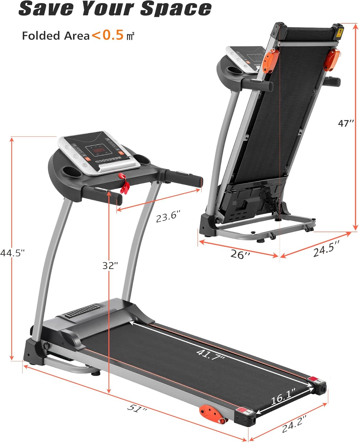 Merax Treadmills for Home,Foldable Treadmill with Incline, 300LBS Capacity Motorized Treadmills for Running Walking Exercise,3.0HP Quiet Treadmill Machine for Home with Heart Rate Sensors & Speaker - Image 9