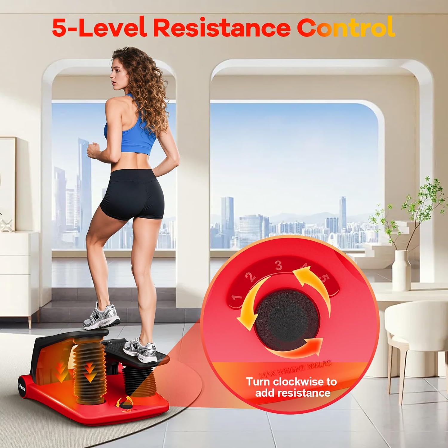 Air Compression Resistance Stepper – Adjustable Mini Stair Climber for Home Cardio Workout, Portable Stepper Machine with LCD Display, Non-Slip Pedals & Resistance Bands (Red and Black) - Image 6