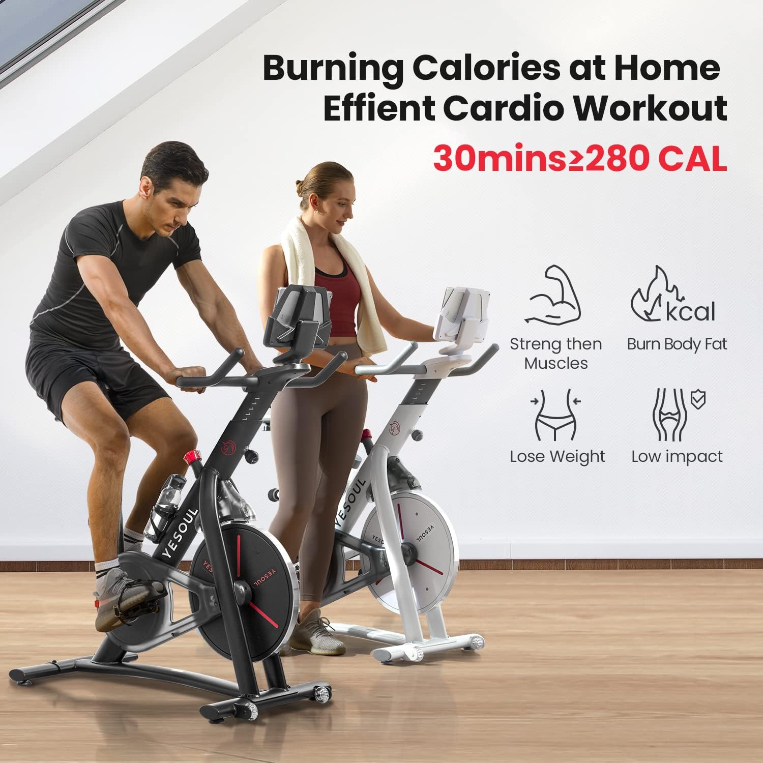 Yesoul Black Exercise Bike for Home,Smart White Cycling Bike Magnetic Stationary Bike, Low Noise Indoor Cycling Bike for Home Gym Electric Stationary Bike with Tablet Mount & Comfortable Seat Cushion for Women Apartment Workout Bike for Fitness - Image 5