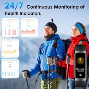 Fitness Tracker, 24/7 Heart Rate Blood Oxygen Blood Pressure Body Temp Monitor Sleep Calorie Tracker with 1.1″ AMOLED Touch Color Screen Pedometer Smart Watch Waterproof for Women Men