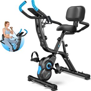 Foldable Exercise Bike, Multifunctional Indoor Stationary Bikes for Home with 8-Level Magnetic Resistance, Quiet Workout Bike with Arm Resistance Bands, LCD Monitor, 300LBS Capacity (Blue)