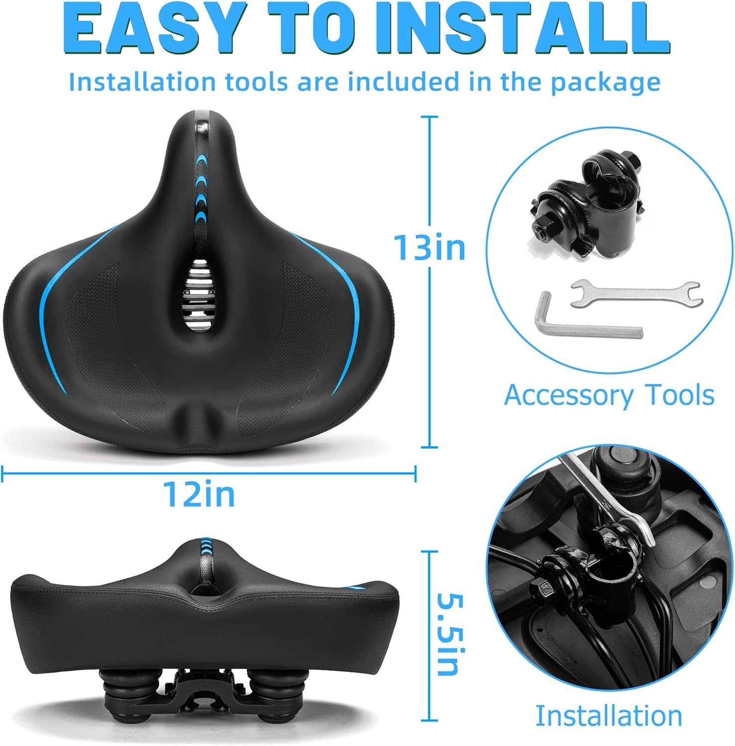 Oversized Bike Seat for Men & Women Comfort, Extra Wide Bicycle Seat Cushion, Comfortable Soft Padded, Large Replacement Saddle for Peloton, Stationary Exercise Bike, Cruiser, City Bike, Ebike - Image 7