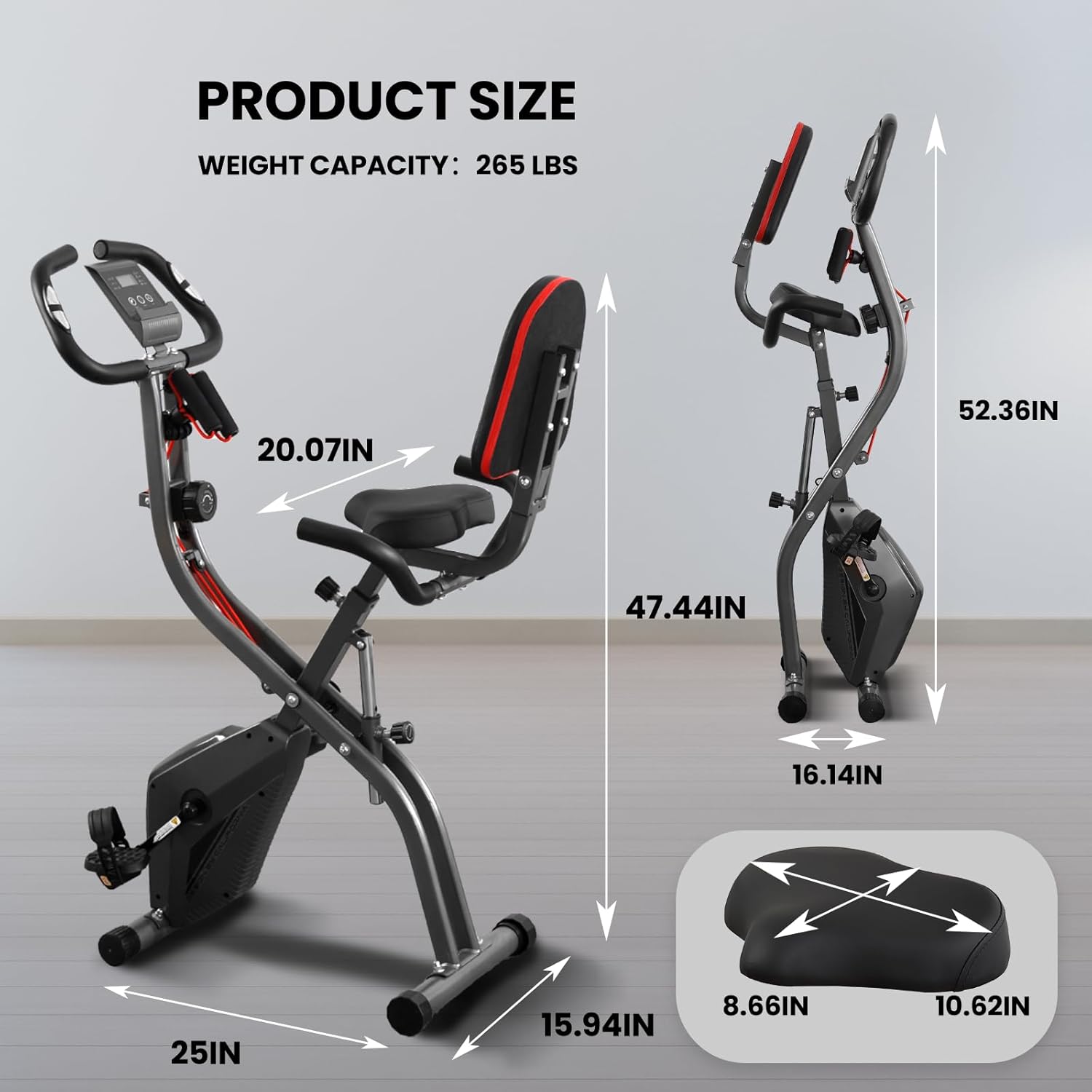 Exercise Bike Stationary Bike Folding Exercise Bike with 10 Level Adjustable Magentic Resistance Support Back Pad and Phone/Tablet Holder Arm Resistance Band Pulse Sensor LCD Monitor for Home Workout 265 LB Capacity - Image 8