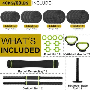 4-In-1 Adjustable Dumbbell Set with Connector(44/66/88LBS), Converts to Dumbbells, Barbells, Kettlebells & Push Up Stand, Non-Slip Grip, Round Head Home Gym Free Weights for Men & Women