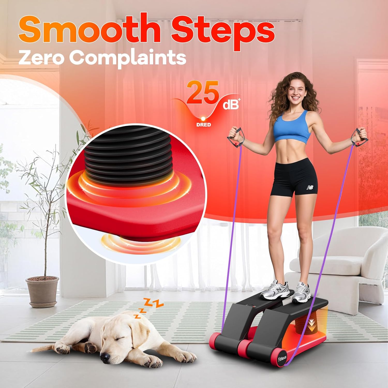 Air Compression Resistance Stepper – Adjustable Mini Stair Climber for Home Cardio Workout, Portable Stepper Machine with LCD Display, Non-Slip Pedals & Resistance Bands (Red and Black) - Image 5