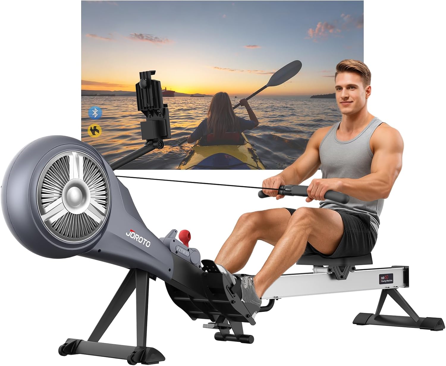 JOROTO Rowing Machine for Home Foldable, Air Magnetic Rowing Machines with 10-Level Adjustable Resistance, Quiet Ergonomic Seat,Bluetooth App, Max 350LBS, Space-Saving Home Gym, Gray
