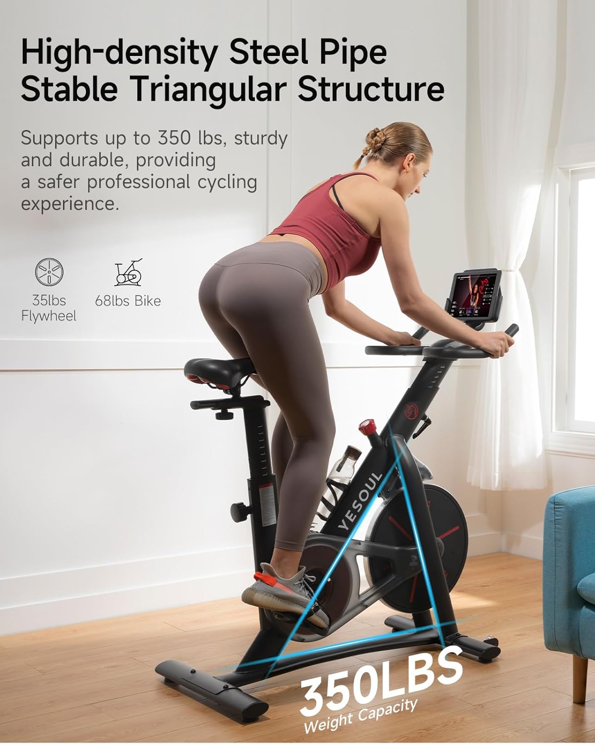 Yesoul Black Exercise Bike for Home,Smart White Cycling Bike Magnetic Stationary Bike, Low Noise Indoor Cycling Bike for Home Gym Electric Stationary Bike with Tablet Mount & Comfortable Seat Cushion for Women Apartment Workout Bike for Fitness - Image 3
