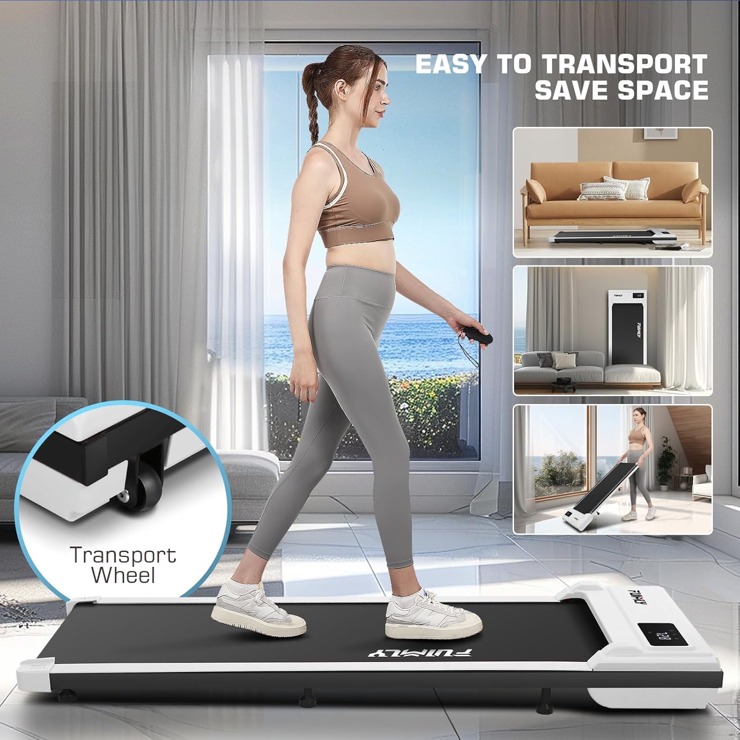 FUNMILY Walking Pad Treadmill with Incline, Portable Under Desk Treadmills for Home 300 lbs Weight Capacity, 2.5HP Quiet Electric Jogging Running Machine with Remote Control and LED Display - Image 7