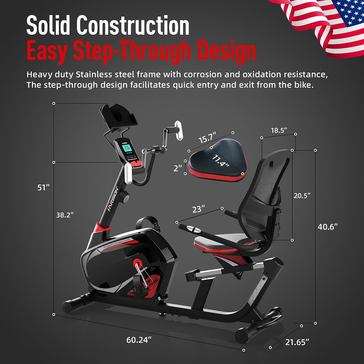 HARISON Semi Commercial Recumbent Exercise Bike with 400 lbs Capacity, Magnetic Recumbent bike for Adult and Seniors, Recumbent Stationary bike for Home with Smart Bluetooth App, 2 in 1 LCD Monitor and Tablet Holder, Heart Rate monitor (HR-B8RE Recumbent Exercise Bike with Arm Exerciser) - Image 6