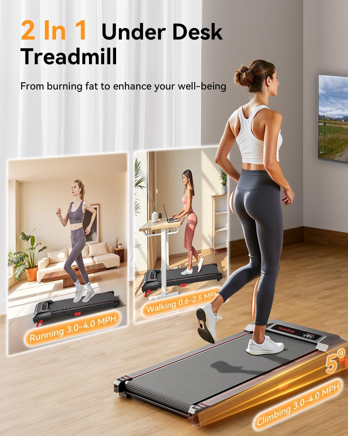 Walking Pad, Incline Walking Pad Treadmill, Under Desk Treadmills 265 Lbs Capacity, 2.5HP Low Noise Portable Running Machine for Home and Office, with LED Display, Remote Control - Image 4
