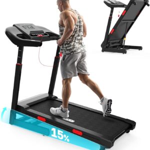Redliro Treadmill with 15% Auto Incline – 350 lbs Capacity Foldable Running 3.0HP Treadmill for Home – Adjustable Handrail Height – APP & Voice Control – Bluetooth Speaker (Black)