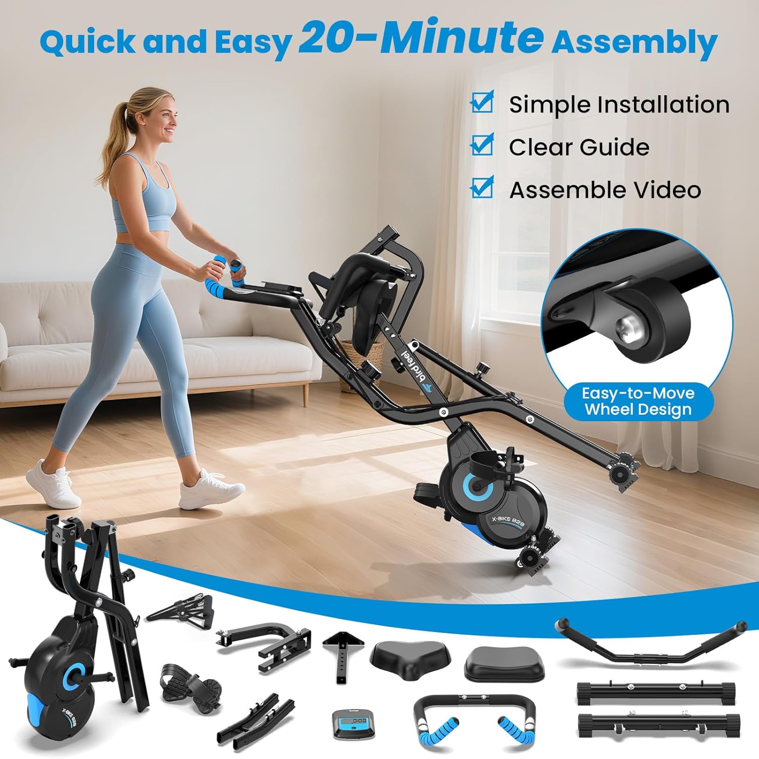 Foldable Exercise Bike, Multifunctional Indoor Stationary Bikes for Home with 8-Level Magnetic Resistance, Quiet Workout Bike with Arm Resistance Bands, LCD Monitor, 300LBS Capacity (Blue) - Image 5
