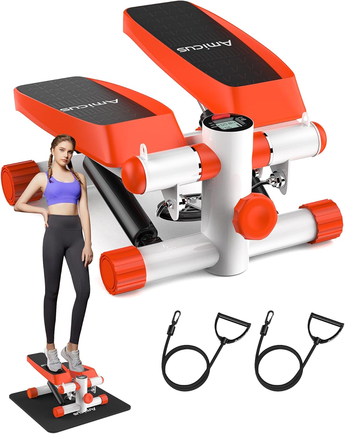 Amicus Mini Stepper for Exercise, Stair Stepper with Resistance Bands, Hydraulic Fitness Stepper Exerciser Machine for Home, 330lbs Weight Capacity, Orange White