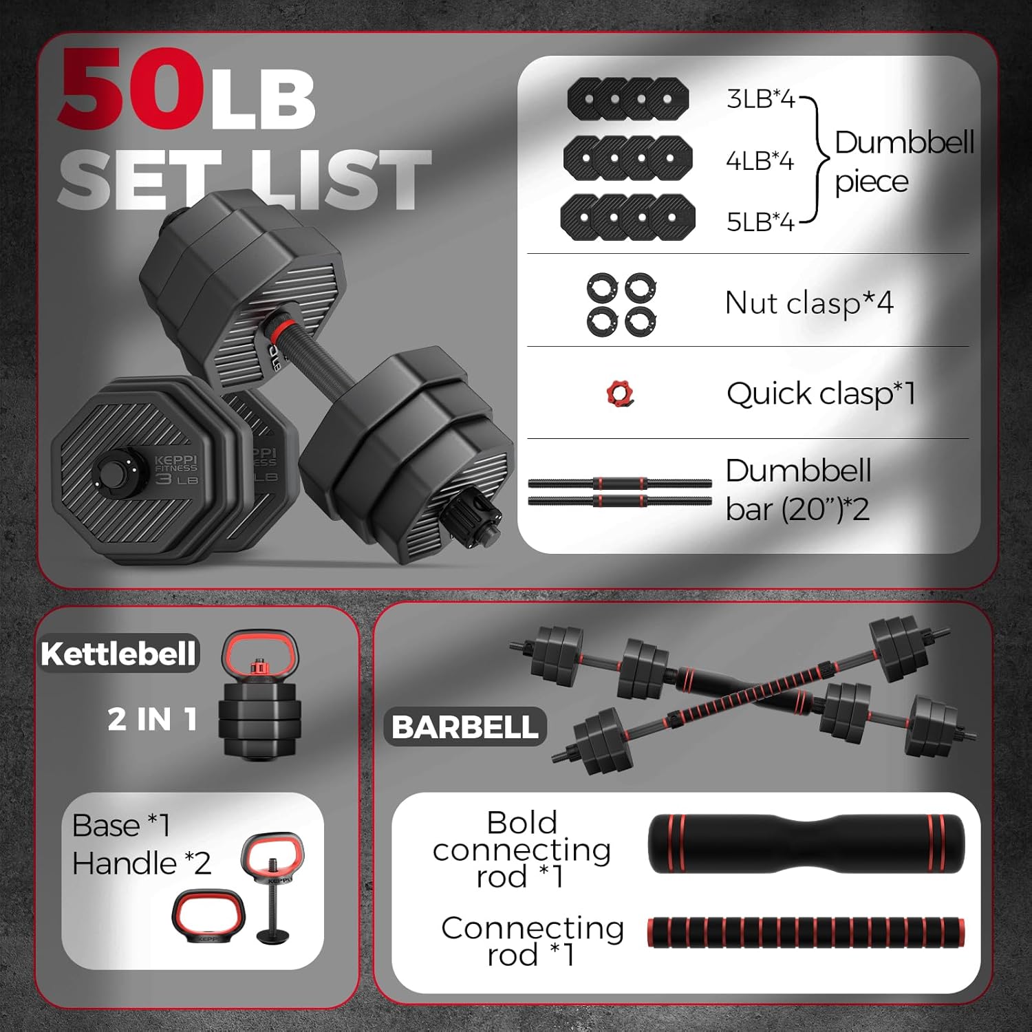 KeppiFitness Adjustable Dumbbell Set, 30/40/50/70/90 lb Weight Set with Connector Bar, 4 in 1 Workout Gear with Dumbbell, Kettlebell, Barbell, Push up Handle for Home Gym Fitness Exercise - Image 7