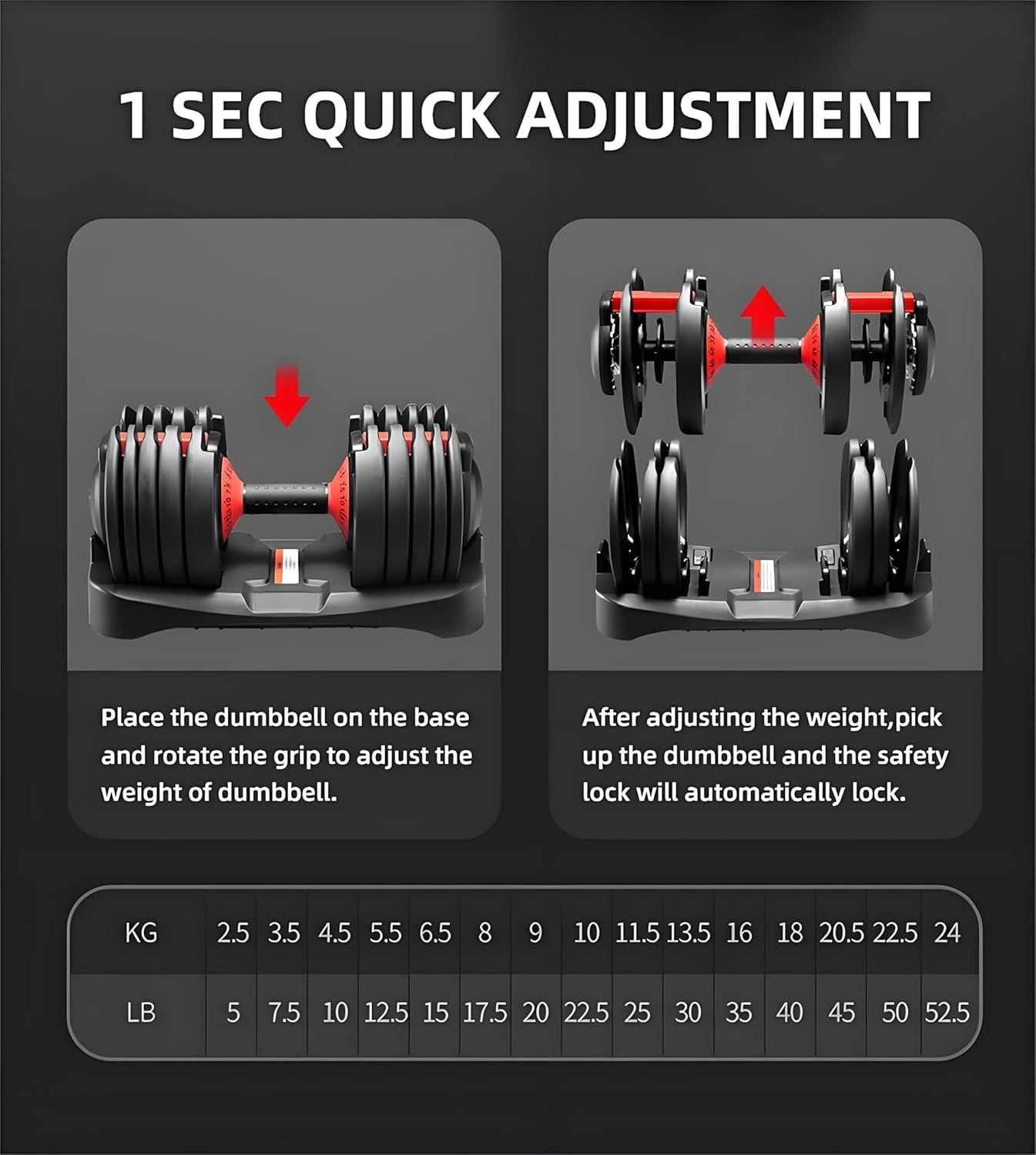 15 Weight in 1 Adjustable Dumbbell 53LB with Fast Automatic Adjustable and Weight Plate for Body Workout Home Gym (24kg/53lb)2pcs - Image 4