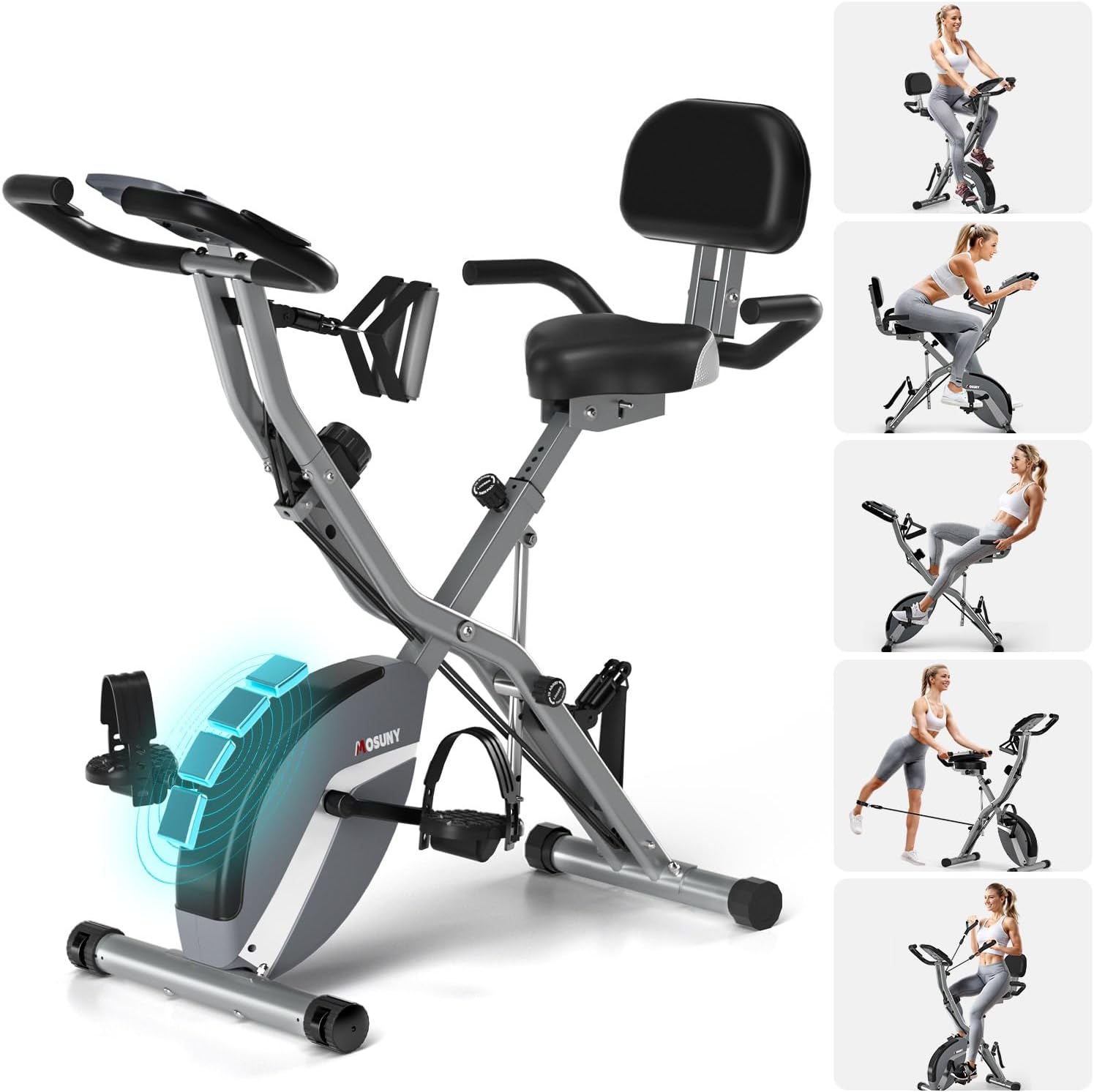 Exercise Bike, MOSUNY 5-in-1 Stationary Bike With 10DB Super-Silent, Folding Exercise Bike with 16-Level Adjustable Magnetic Resistance, 350 LBS Indoor Cycling Bike For Home Workout