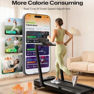 Smart Treadmill with 9% Auto Incline, Hiking and Running Walking Pad Treadmills for Home Office, Treadmill with UREVO APP, AI Powered Music Course, HIIT Programs Synced to Scenic Route, One-Click Mute