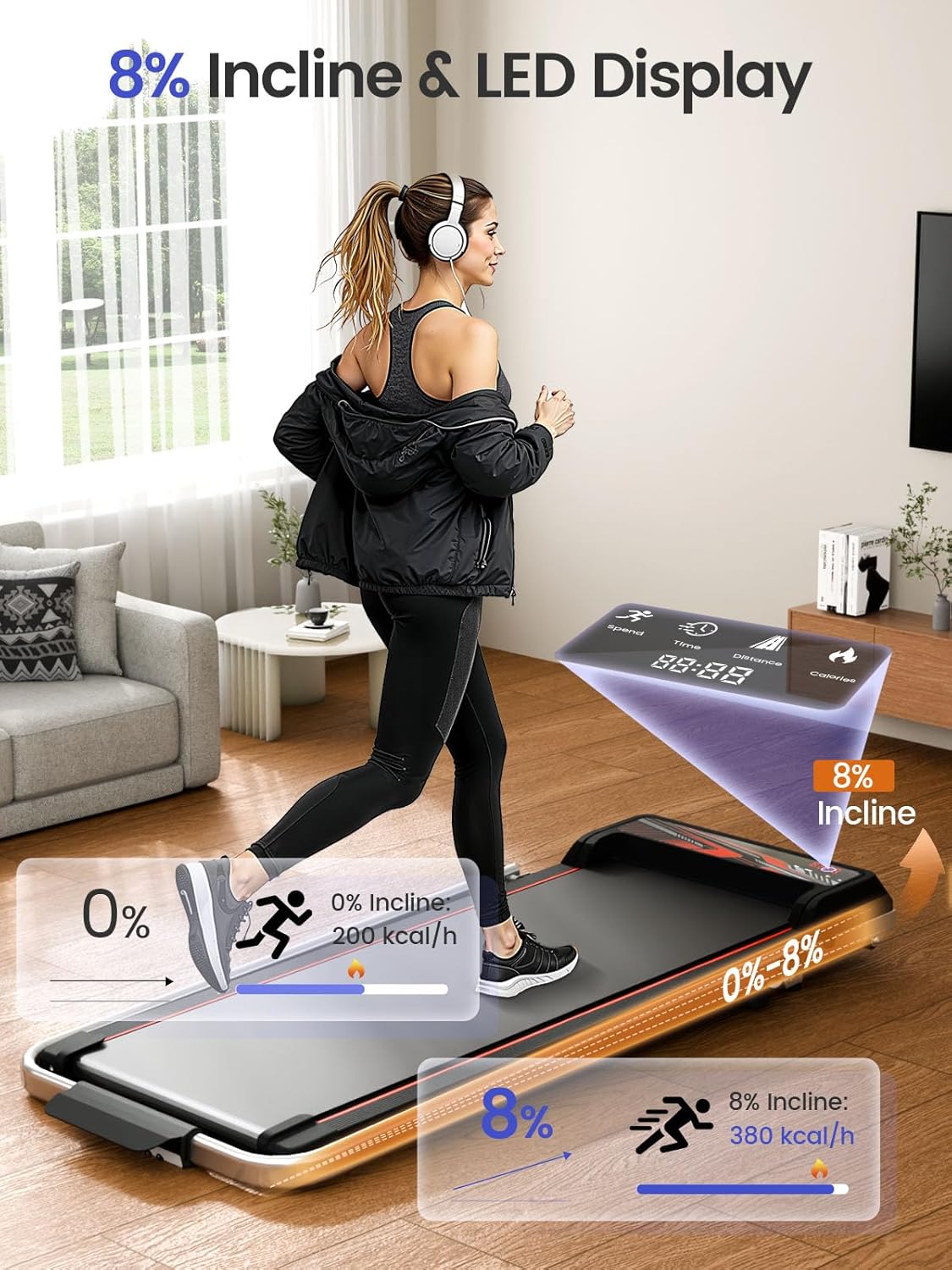 Jackfield Walking Pad with Handle Bar, 2.5HP Treadmills for Home, Portable Under Desk Treadmill with 8% Incline, 3 in 1 Compact Walking Pads with LED Display, 265 Lbs Capacity, Remote Control - Image 4