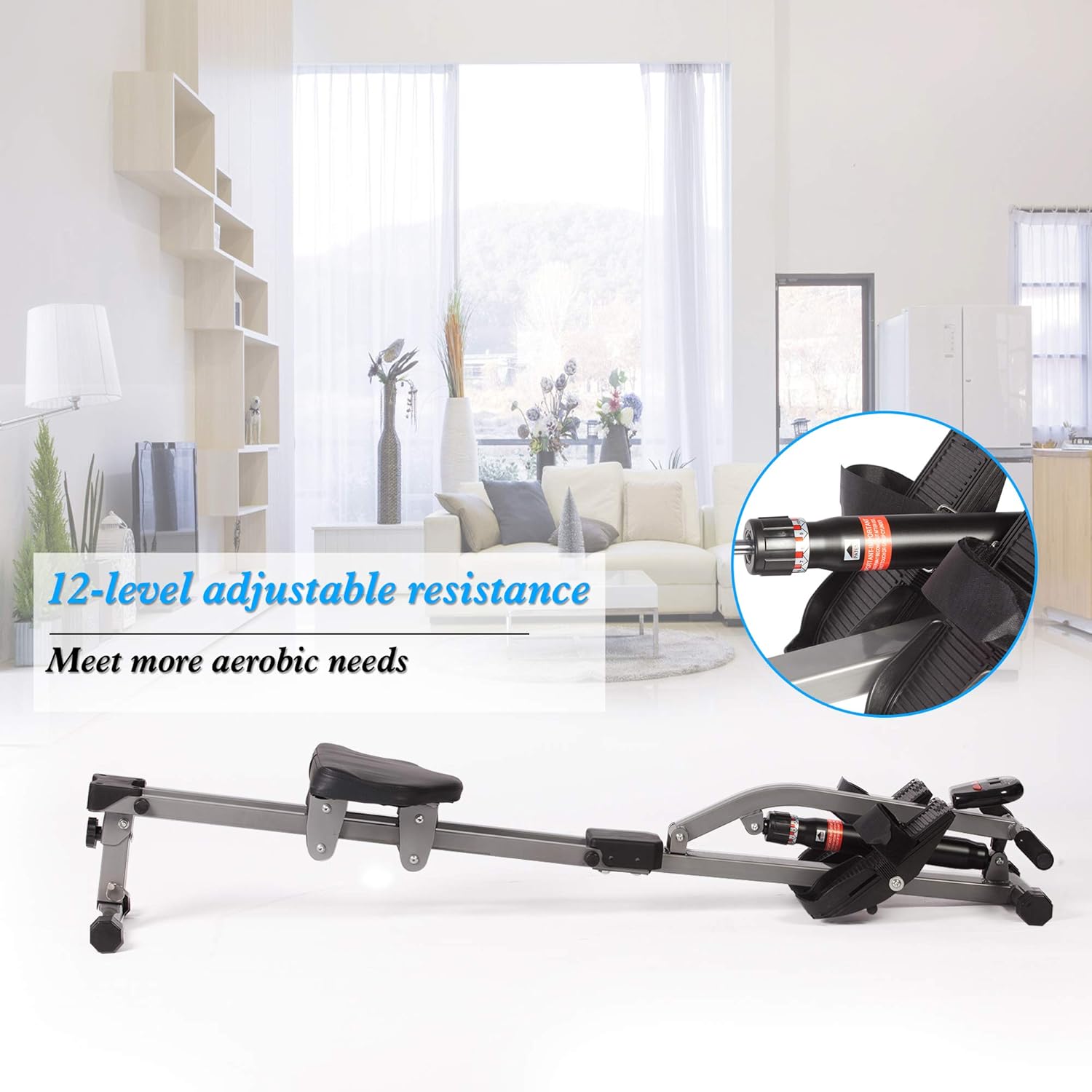 Livebest Foldable Hydraulic Rowing Machine 250lbs Weight Capacity Full Body Stamina Exercise Power with 12 Levels Adjustable Resistance,Home Gyms Training Equipment Fitness Indoor - Image 6
