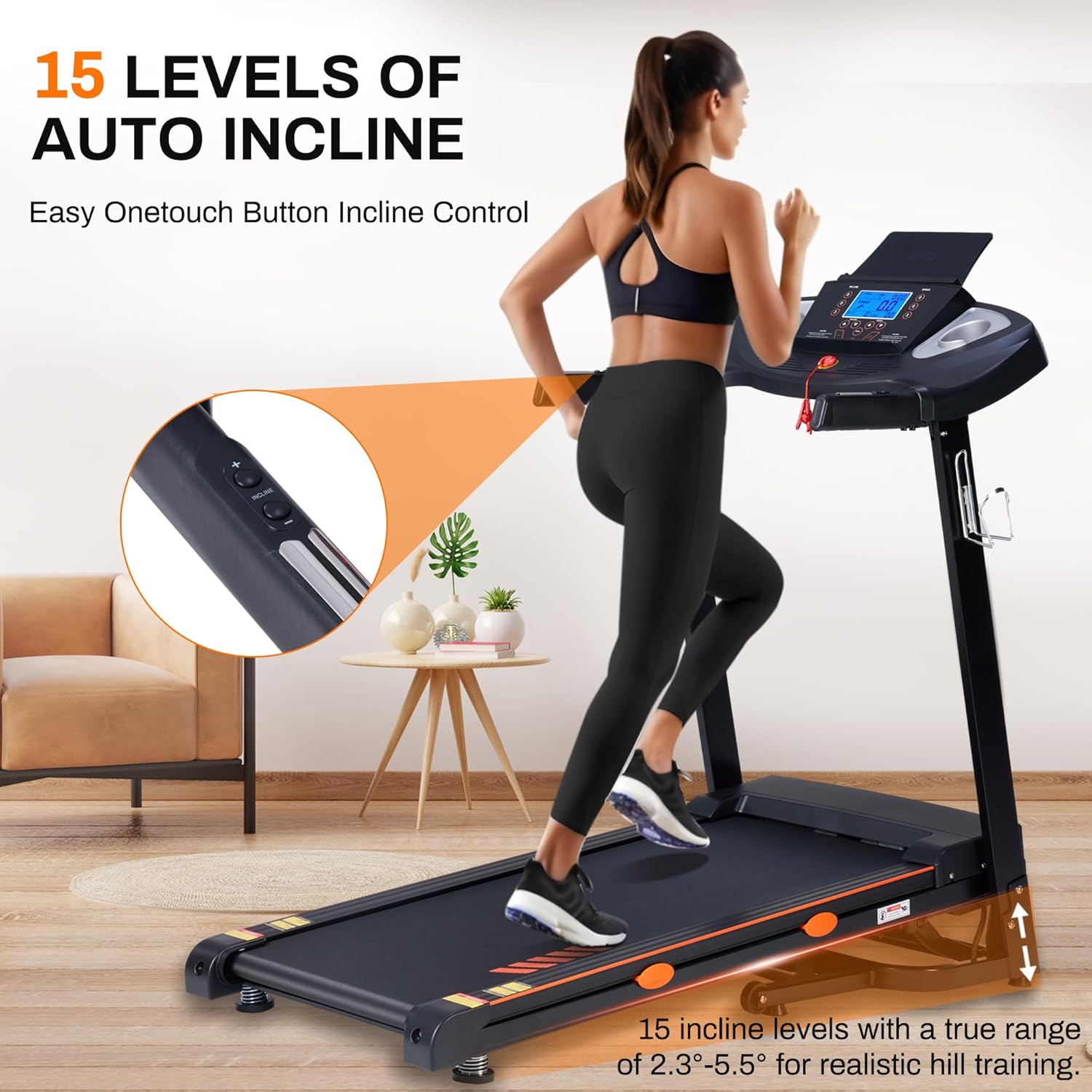 ECHANFIT 15% Auto Incline Treadmill Foldable Treadmills for Home with 18" Wider Belt, 10 MPH Speed, 300 lbs Capacity, Shock Absorption System, App Bluetooth - Image 3