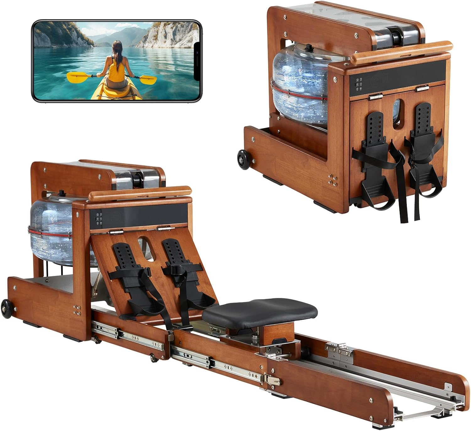 Water Rowing Machine for Home, Touchscreen Smart Display, Dual Resistance Drawer Rower, Kinomap App, No Installation Required, Foldable, Aluminum Rail, Breathing Light, 350LBS Capacity