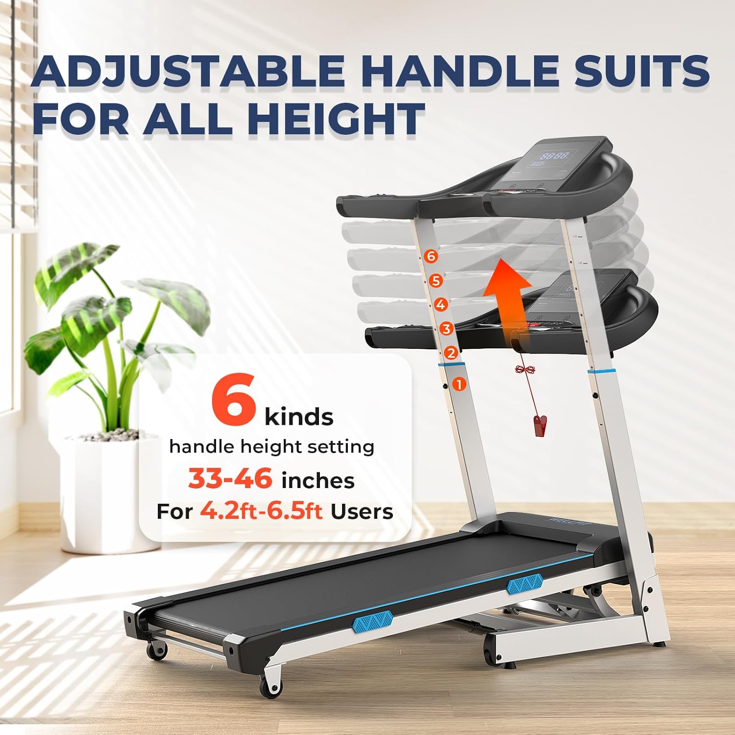 WELLFIT TM007 Auto Incline Treadmill, 4.0HP Heavyduty Treadmill for 400lbs+ Capacity, Adjustable Height for 5'2"- 6'4", 95% Assemble, 45*18 Large Running Area, 8.7MPH, Foldable Commercial Treadmills - Image 4