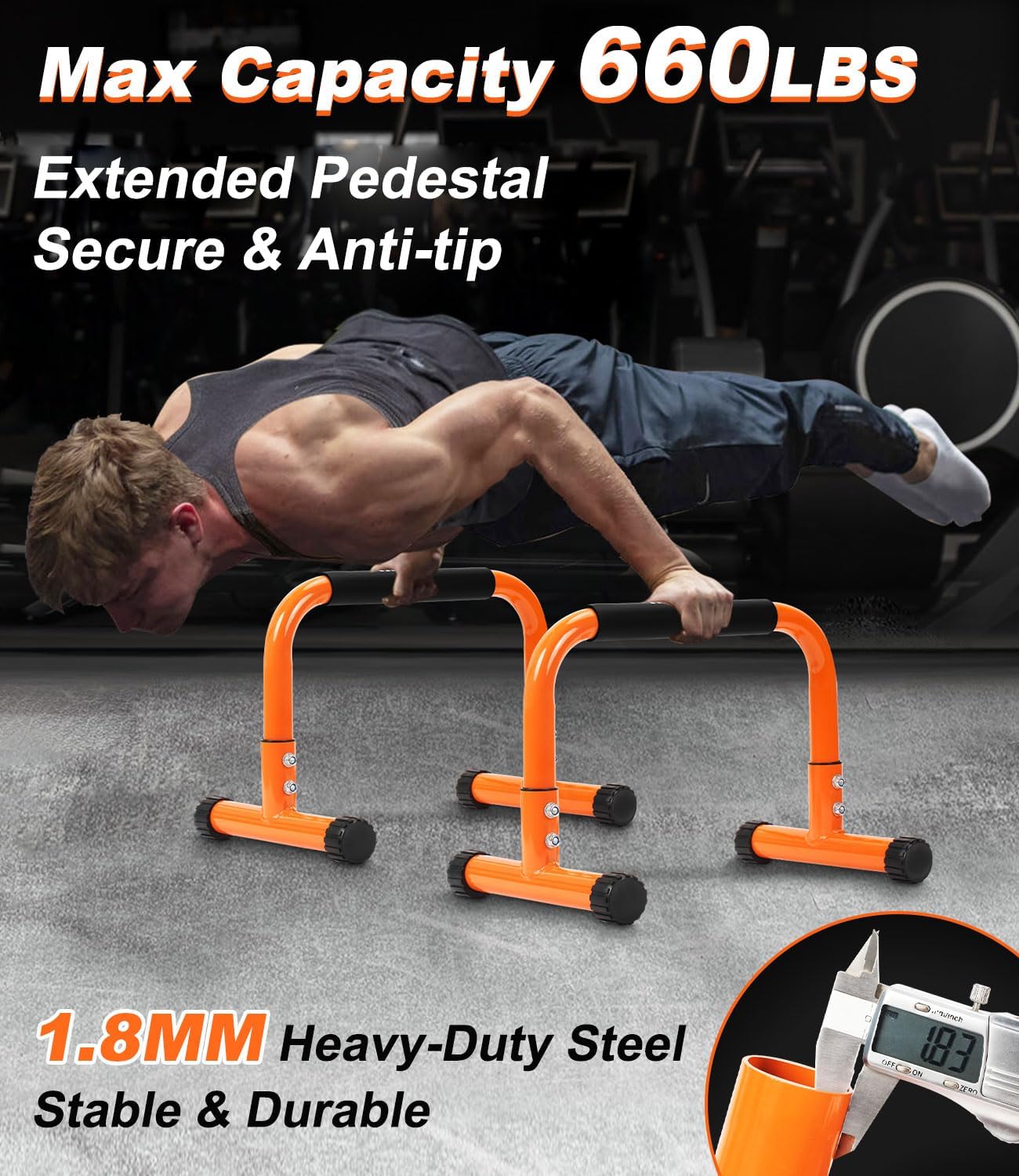 TABEKE Push Up Bar, 12" High Parallettes Bars & Dip Bar With Full-Cover Foam Handles, No Wobbling Calisthenics Equipment For Handstand, L-Sit, Gymnastics, Strength Training Home Gym - Image 2