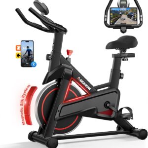 Exercise Bike, Brake Pad Stationary Bikes for Home with App Compatible, Low Noise Indoor Cycling Bike, 300lbs Capacity Compact Workout Bike with Tablet Mount & Extra Comfort Seat