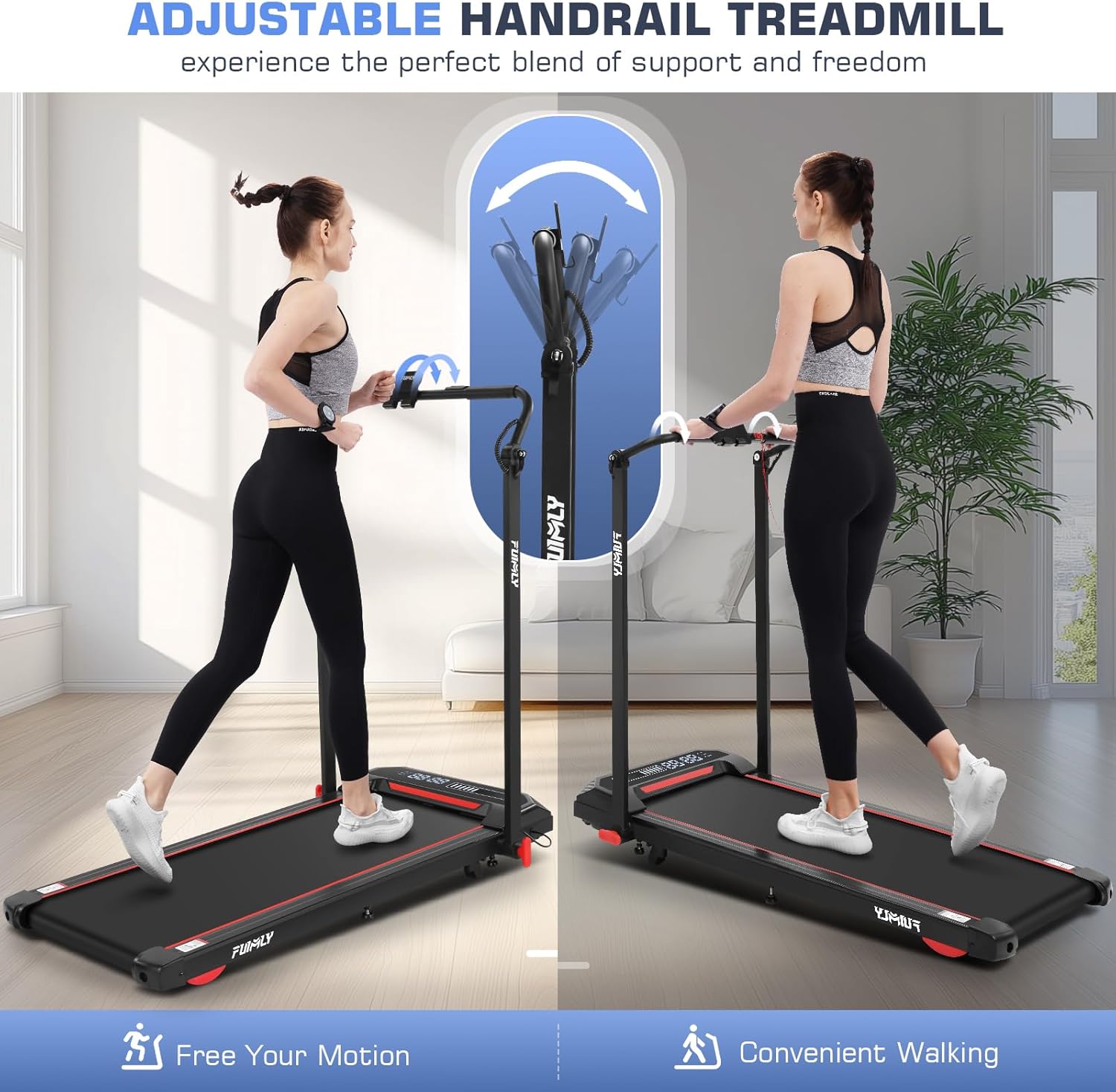 FUNMILY Folding Treadmill with Handles, Foldable Walking Pad Treadmill with Incline and Adjustable Handrails, 3 in 1 Under Desk Treadmills for Home 300 lb Capacity, Running Machine with Handle Bar - Image 3