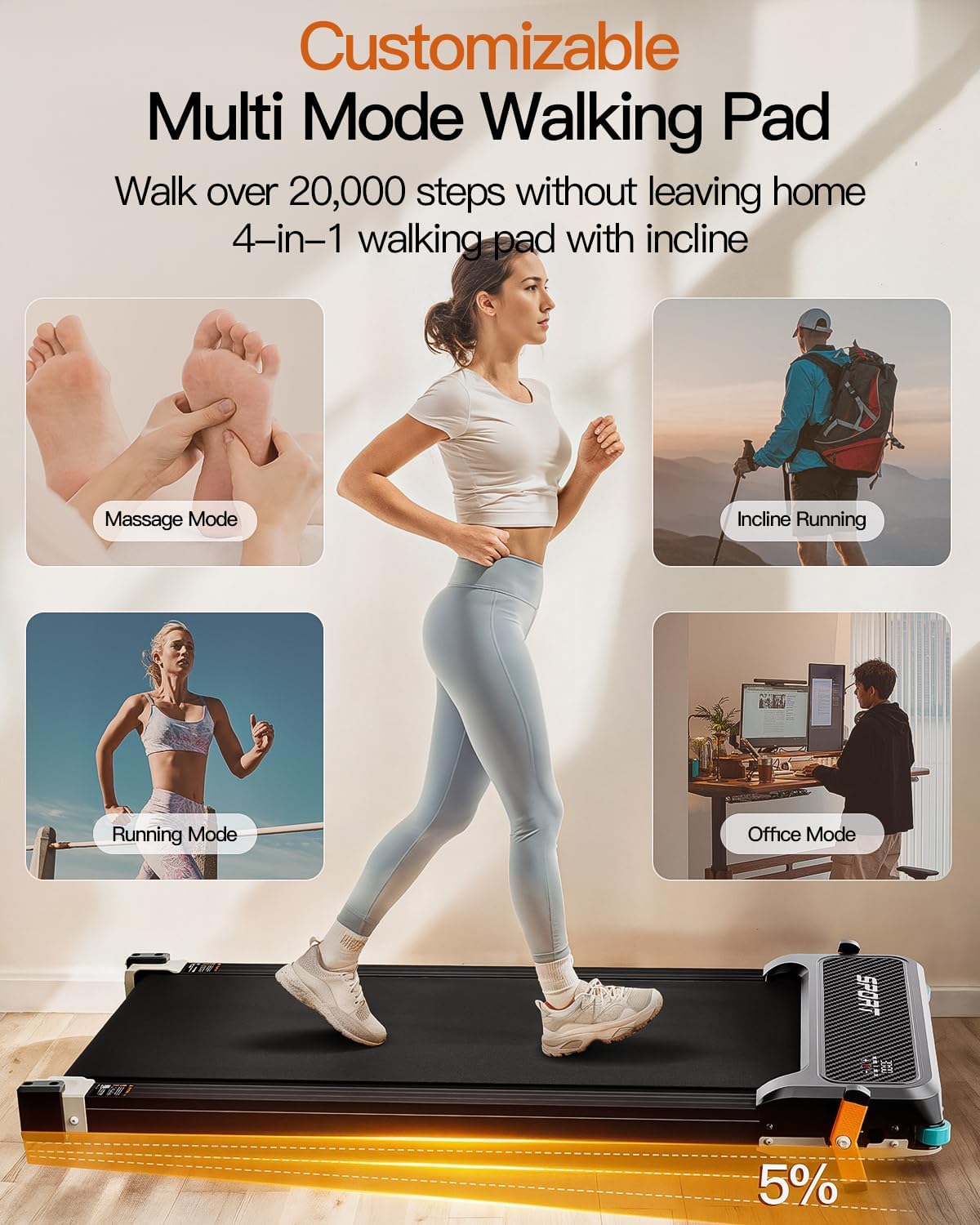 FUNRAY Versatile Walking Pad Treadmill with Incline - Dual-Sided Under Desk Treadmill with Foot Massage,2 in 1 Walking Machine for Home/Office with 330LBS Weight Capacity - Image 4