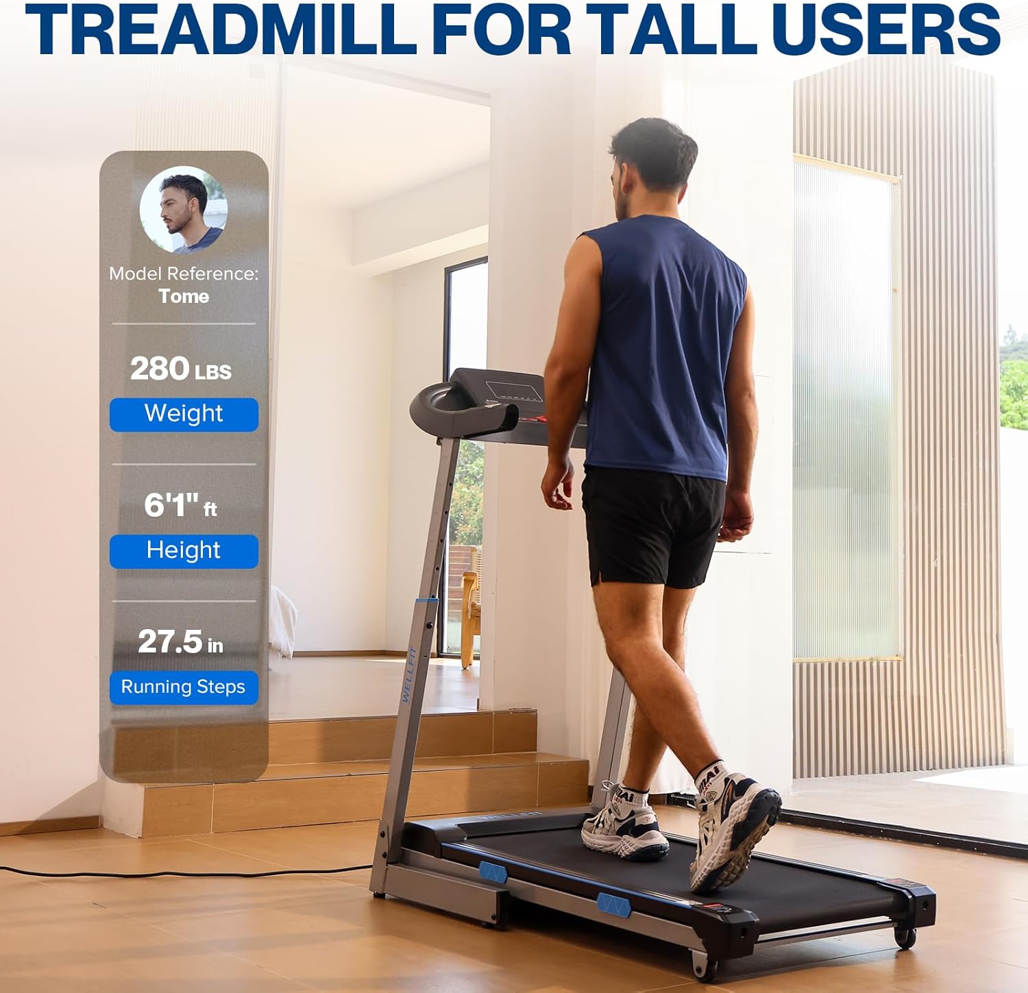WELLFIT TM007 Auto Incline Treadmill, 4.0HP Heavyduty Treadmill for 400lbs+ Capacity, Adjustable Height for 5'2"- 6'4", 95% Assemble, 45*18 Large Running Area, 8.7MPH, Foldable Commercial Treadmills - Image 5