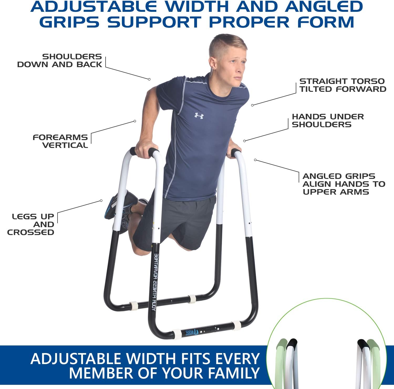 Ultimate Body Press Dip Bar Fitness Station - Adjustable Width Folding Dip Stand with Angled Grips, Stable Leveling and Easy Storage - Image 5
