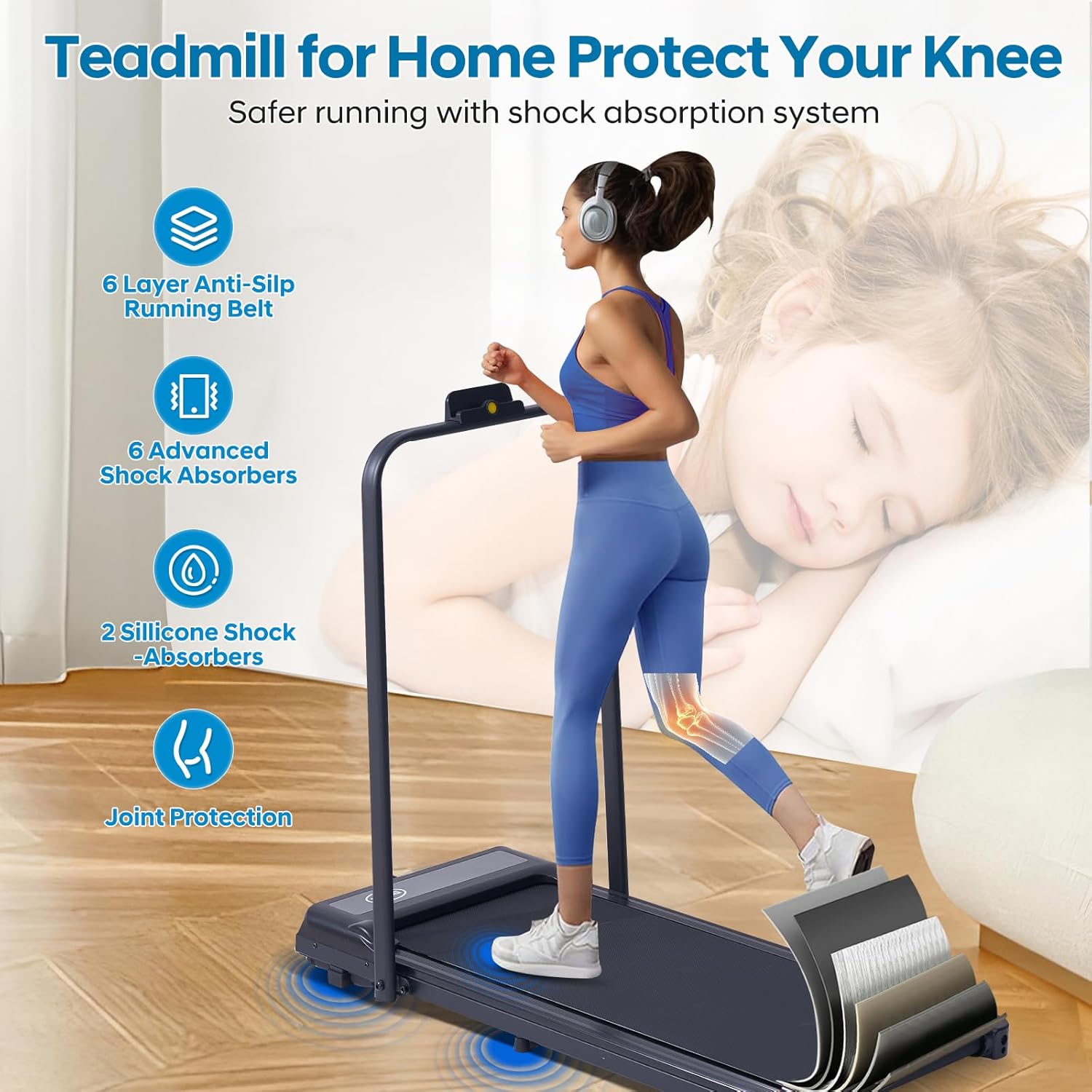 Walking Pad Treadmill with Handles, Folding Foldable Electric Treadmills for Home Small, 3.0HP Walking Pad with Handle Bar, 3 in 1 Portable Under Desk Treadmill with LED Display, 320LBS Capacity - Image 7