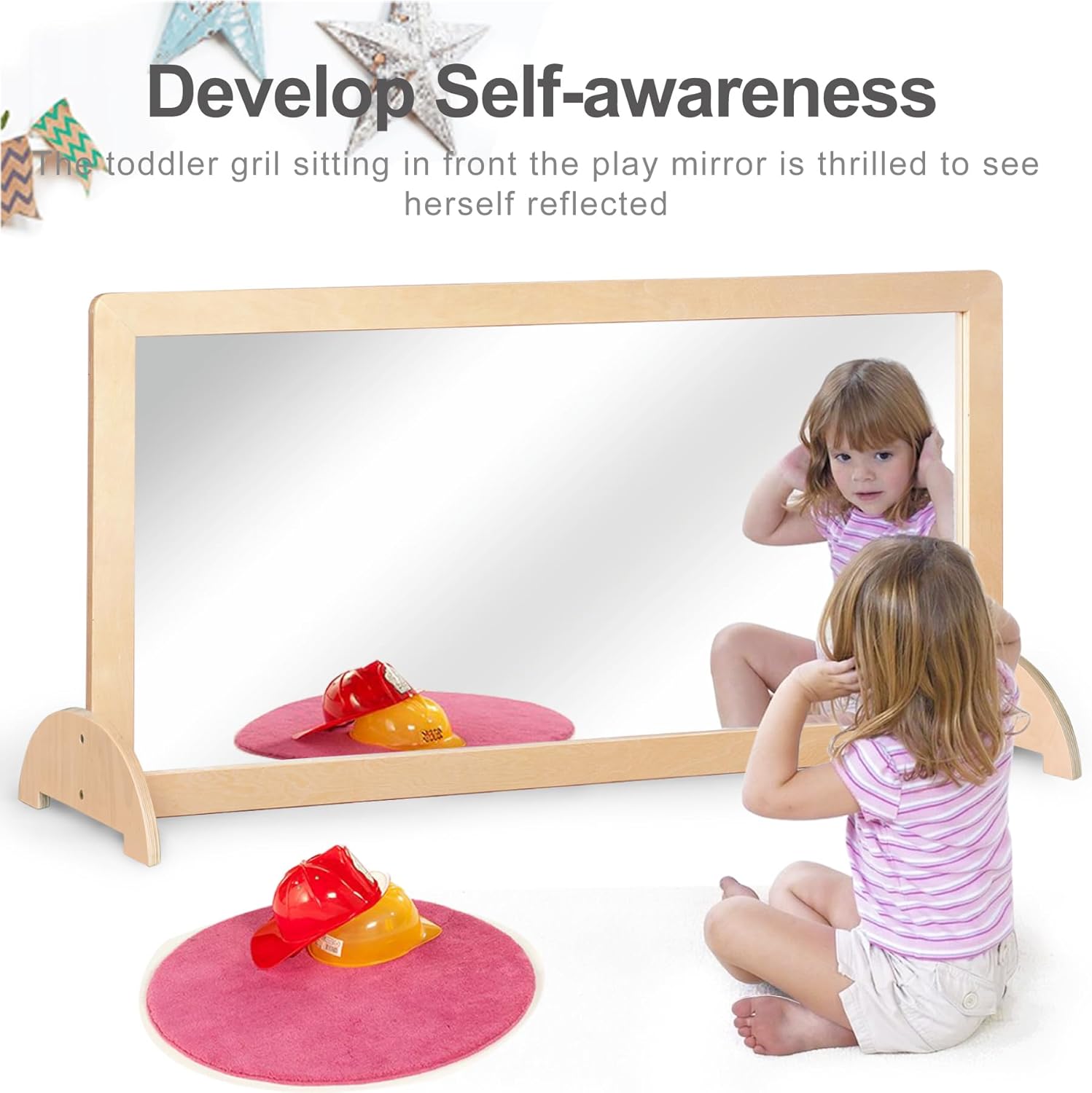 3-Position Montessori Wood Frame Non-Shatter Safety Pull Up Bar Baby Big Mirror Set, Infant Coordination Mirror, Kids Classroom Furniture for Daycare, Homeschool or Preschool - Image 2