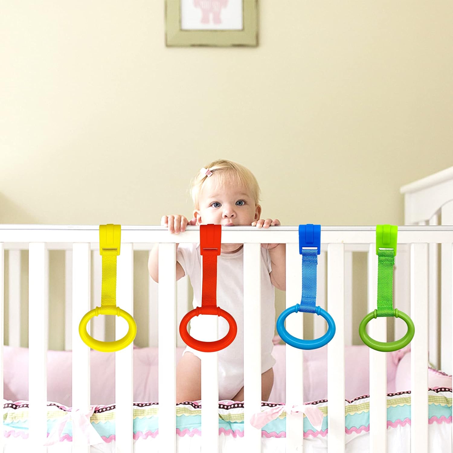 codree 8PCS 4 Colors Baby Playpen Pull up Rings- Baby Crib Pull up Rings- Baby Walking Exercises Assistant Rings- Baby Bed Stand Up Rings Baby Cot Hanging Rings for Infant Baby Toddler - Image 6