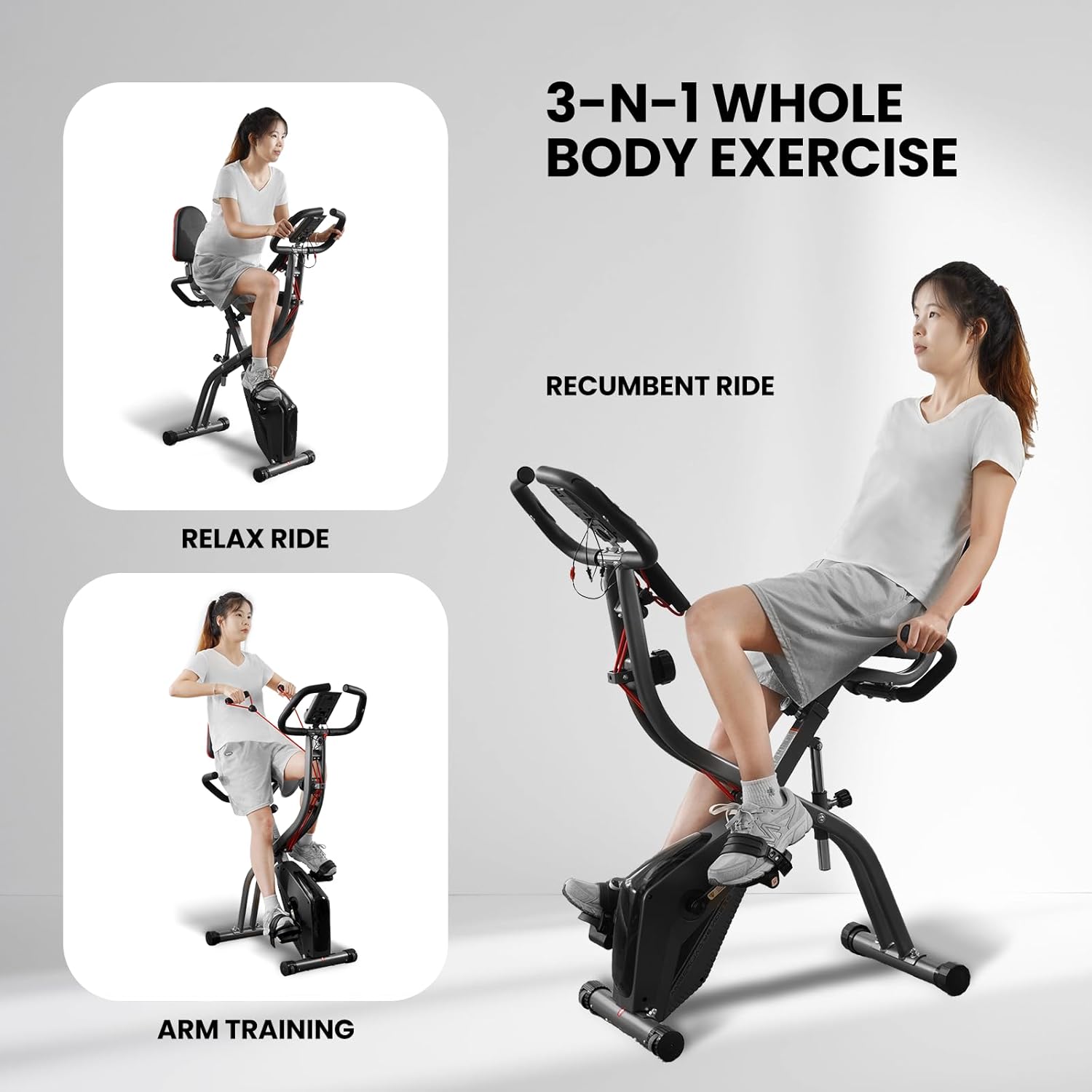 Exercise Bike Stationary Bike Folding Exercise Bike with 10 Level Adjustable Magentic Resistance Support Back Pad and Phone/Tablet Holder Arm Resistance Band Pulse Sensor LCD Monitor for Home Workout 265 LB Capacity - Image 7