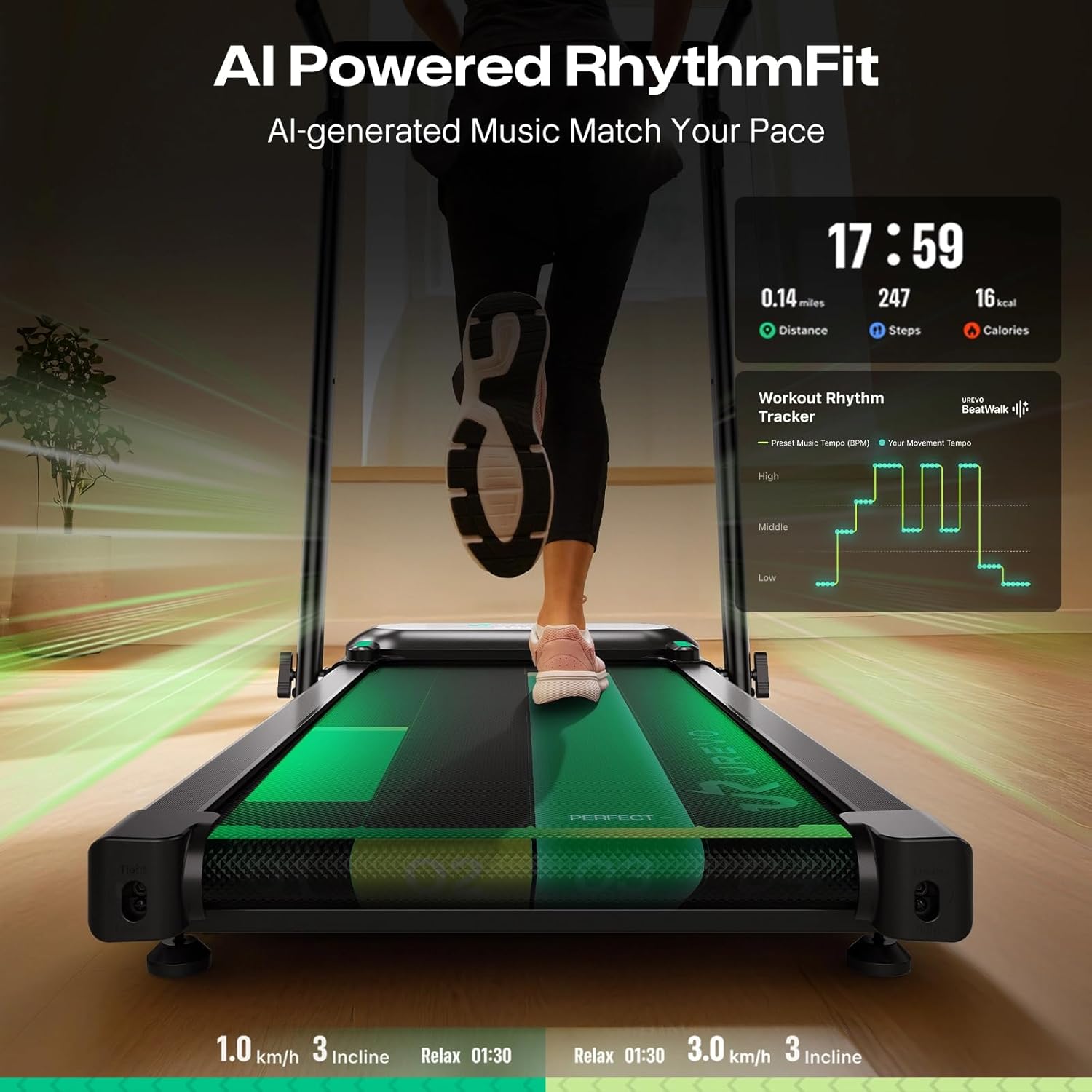 UREVO Foldimix Treadmill Walking Pad with Adjustable Handle Bar for Home Office, Multi-Functional Workstation Treadmill, Dual Brushless Motorized, 14-Point Shock Absorption, Compact Design - Image 5