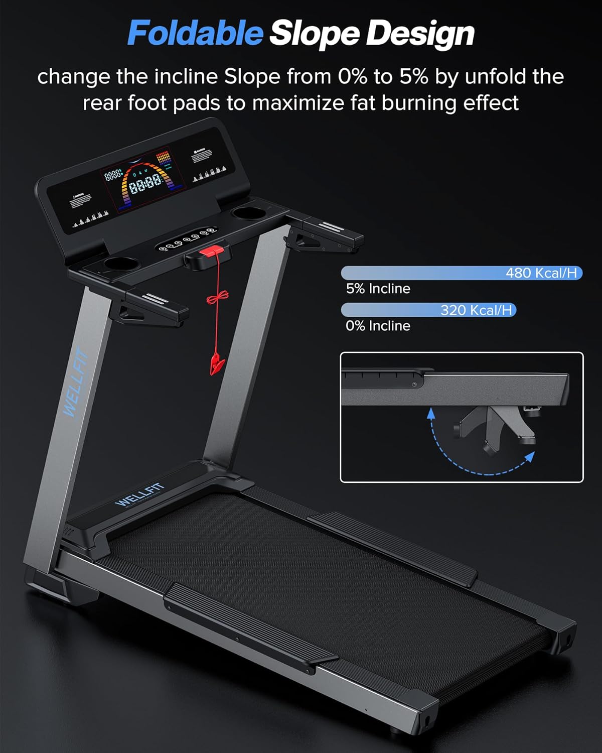 WELLFIT Home Treadmill, 2 Level Incline Heavyduty Treadmill with Pulse Sensor, 4.0 HP, 10 MPH, 450 lbs Capacity, 20'' x 45'' Running Area Treadmills with Bluetooth Player & LED Display - Image 6