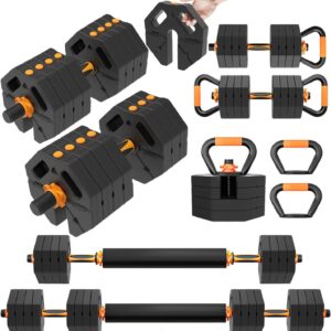 Adjustable Dumbbells 20/30/40/60lbs Free Weight Set with Connector, 5 in 1 Dumbbells Set Used as Barbell, Kettlebells, Weightlift, Push Up Stand, Weight Plate, Women Men Fitness Exercises Equipmentfor Home Gym