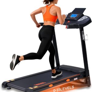 Treadmill with 15% Auto Incline, 3.0 HP Treadmills for Home with 18″ Wide Running Belt, 0.5-10 MPH Speed, 300 LB Capacity, Shock Absorption, App Bluetooth