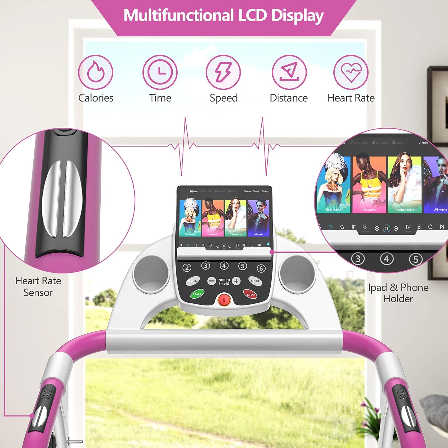 Goplus Foldable Treadmill, Freestanding Portable Treadmill with 12 Preset Programs, LCD Monitor, Built-in Wheels & Pulse Sensor, Folding Compact Treadmills for Home Small - Image 4