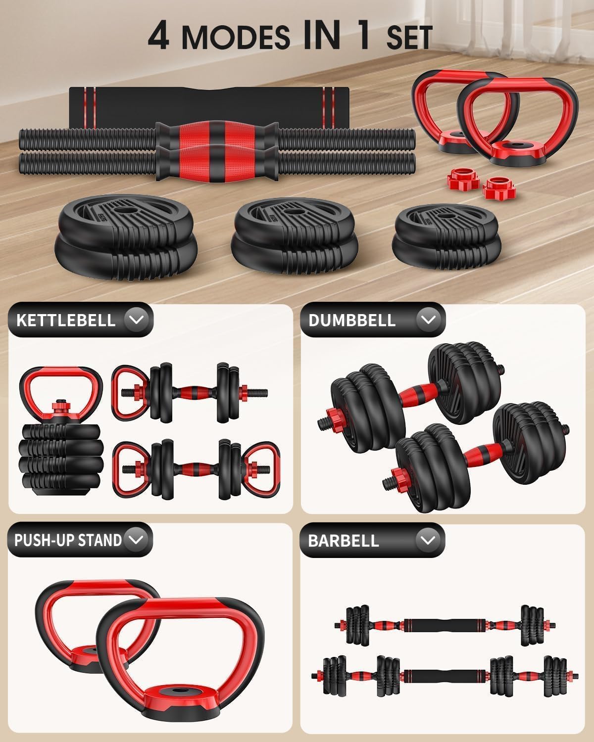 Adjustable Dumbbells, 10/20/30/45/70/90lbs Free Weight Set with Connector, 4 in1 Dumbbells Set Used as Barbell, Kettlebells, Push up Stand, Fitness Exercises for Home Gym Suitable Men/Women - Image 5